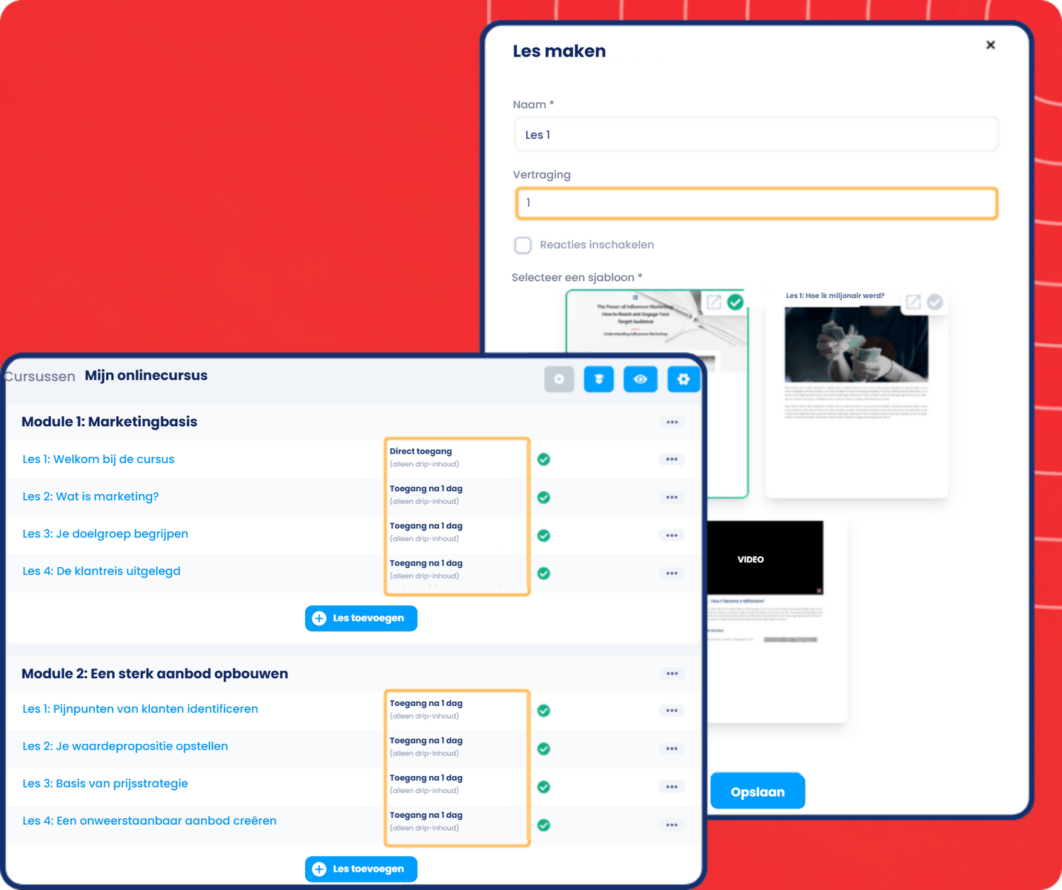 systeme.io course builder showing lecture creation, drip content delay settings, and module-based lesson scheduling for online courses