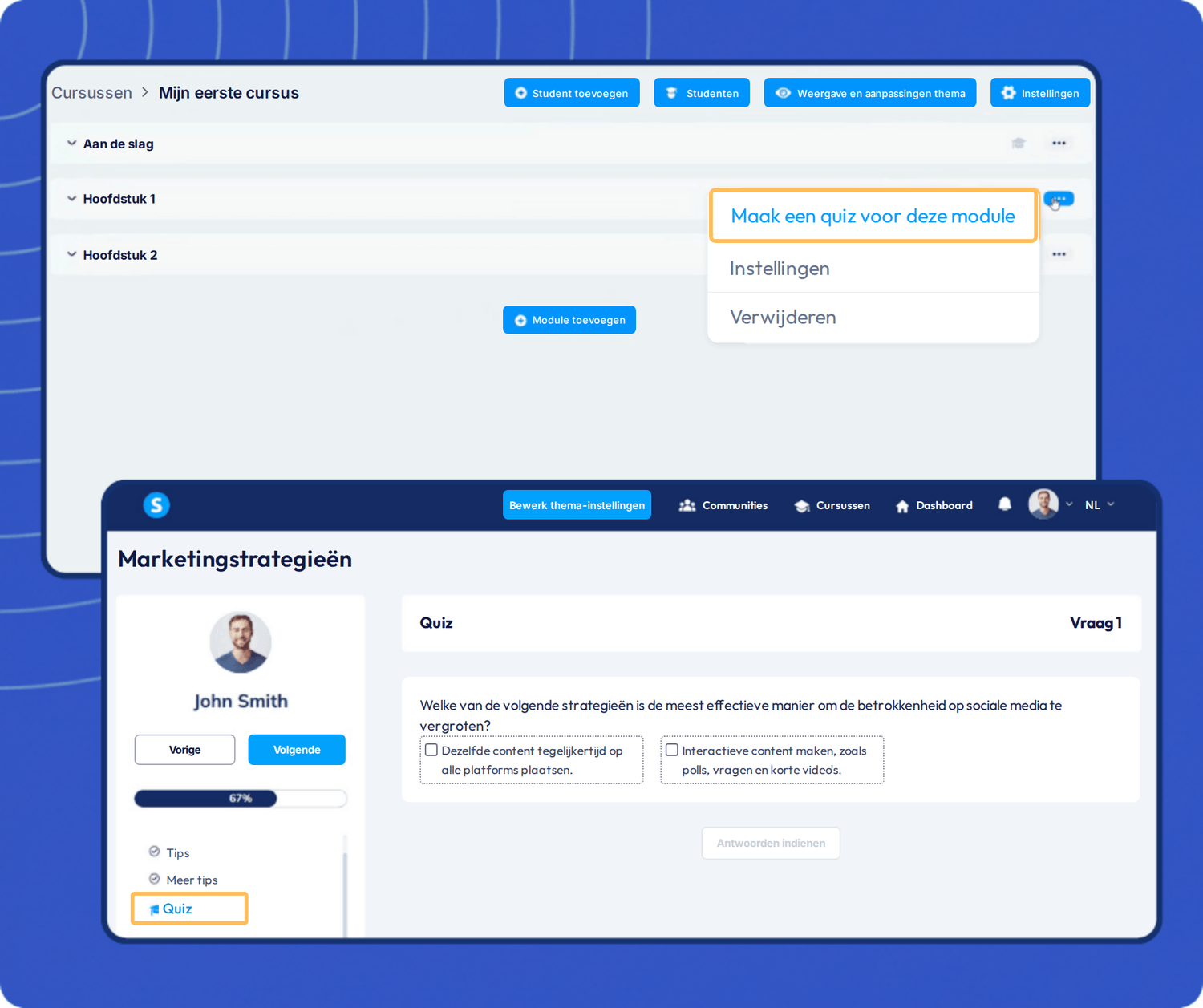 systeme.io course builder showing quiz creation for modules and student quiz interface with questions, answers, and progress tracking