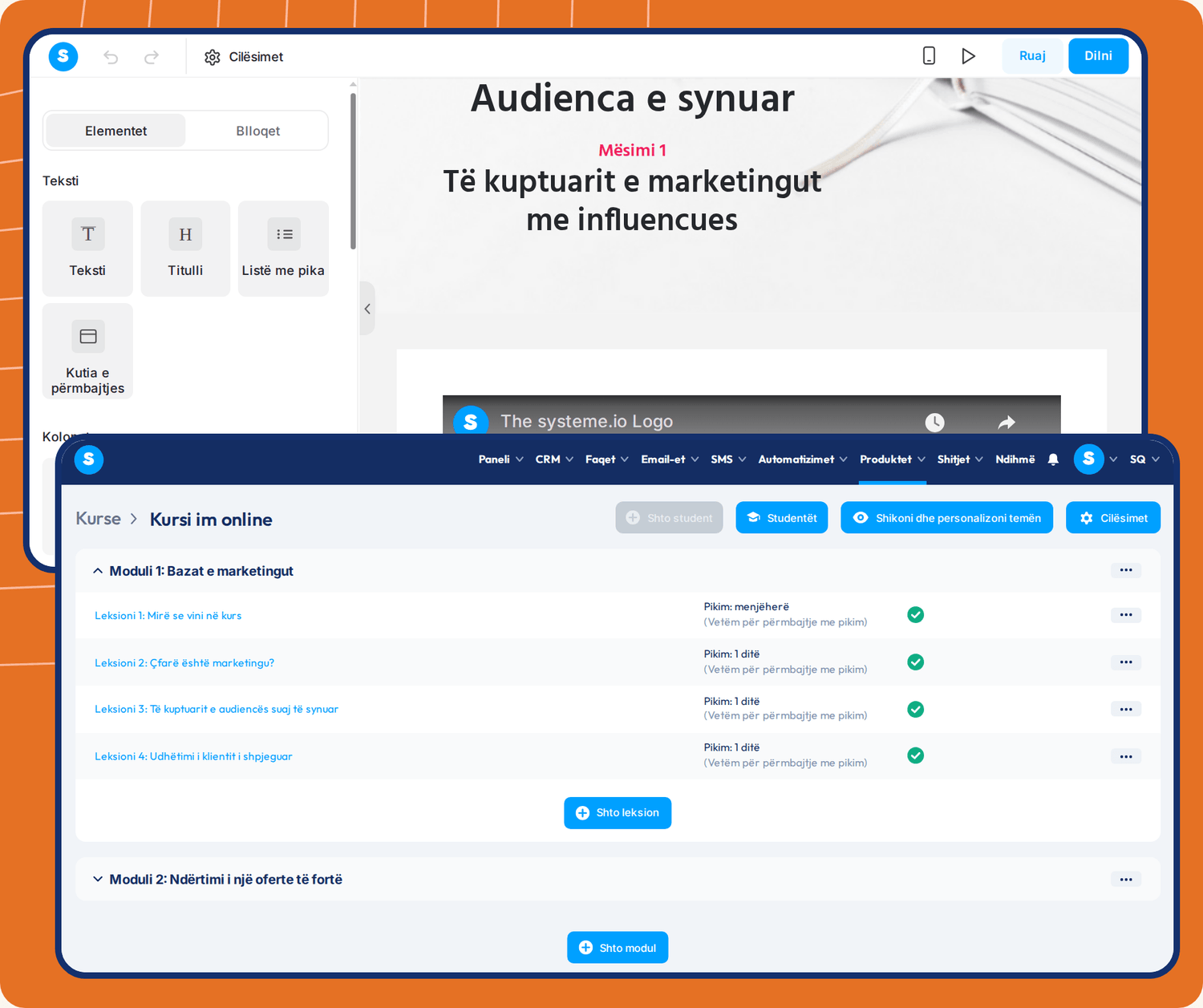 systeme.io course builder showing lesson editor, module structure, student management, and drip content scheduling for online courses