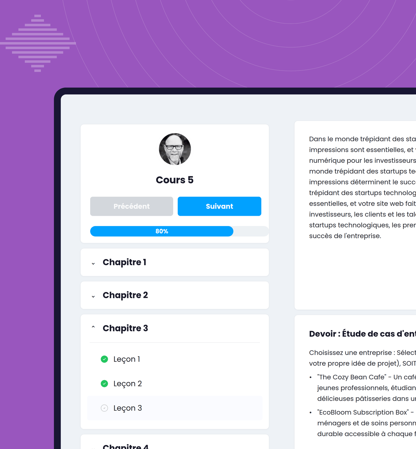 systeme.io online course interface showing lesson navigation, progress tracking, and chapter-based learning content with completion status