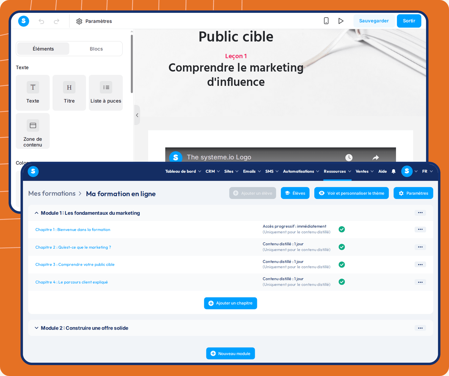 systeme.io course builder showing lesson editor, module structure, student management, and drip content scheduling for online courses