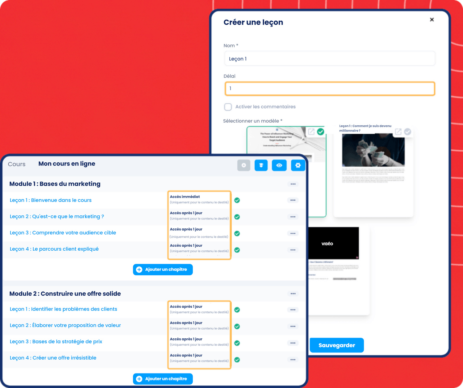 systeme.io course builder showing lecture creation, drip content delay settings, and module-based lesson scheduling for online courses