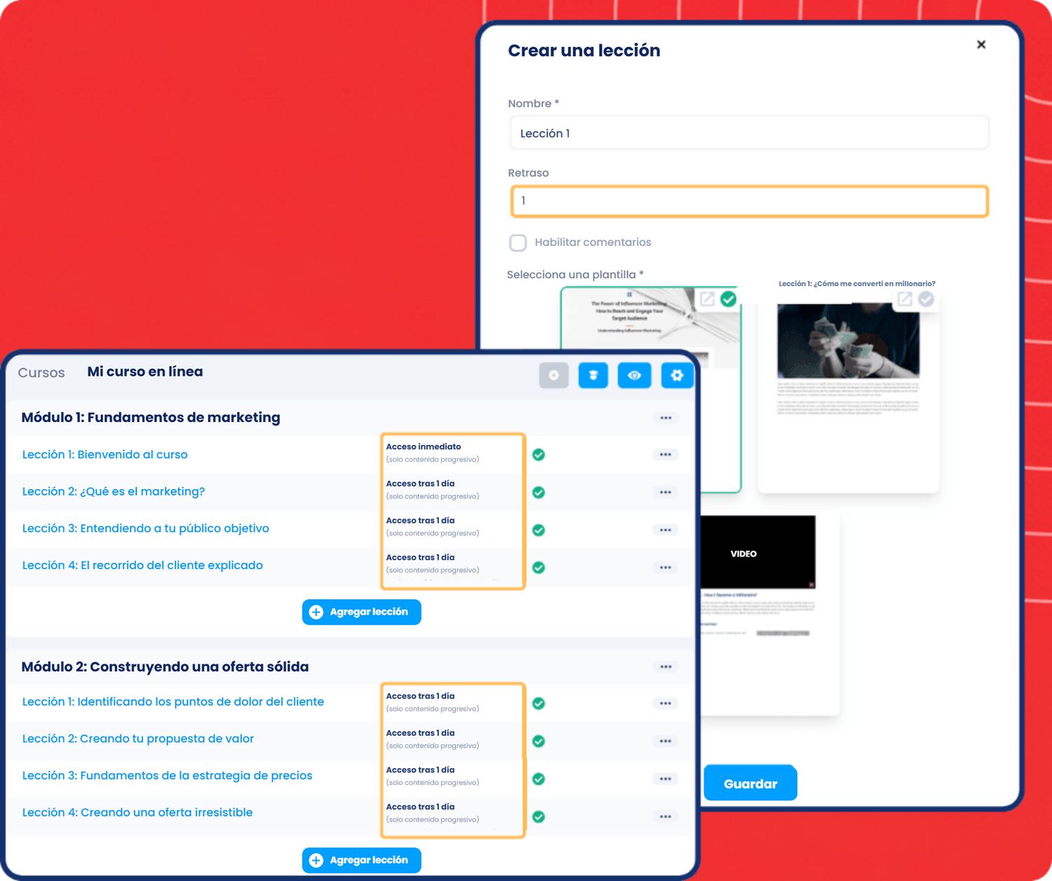 systeme.io course builder showing lecture creation, drip content delay settings, and module-based lesson scheduling for online courses