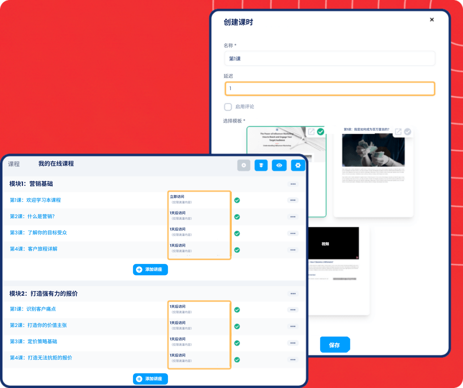 systeme.io course builder showing lecture creation, drip content delay settings, and module-based lesson scheduling for online courses