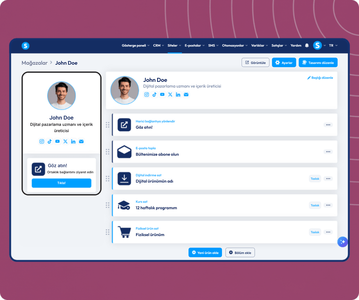 systeme.io creator store showing a single-page product storefront linked from a social media bio