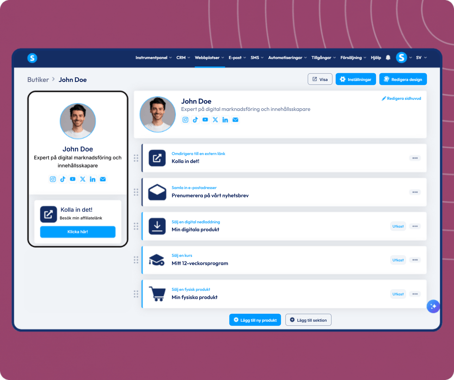 systeme.io creator store page example showing products and bio link layout