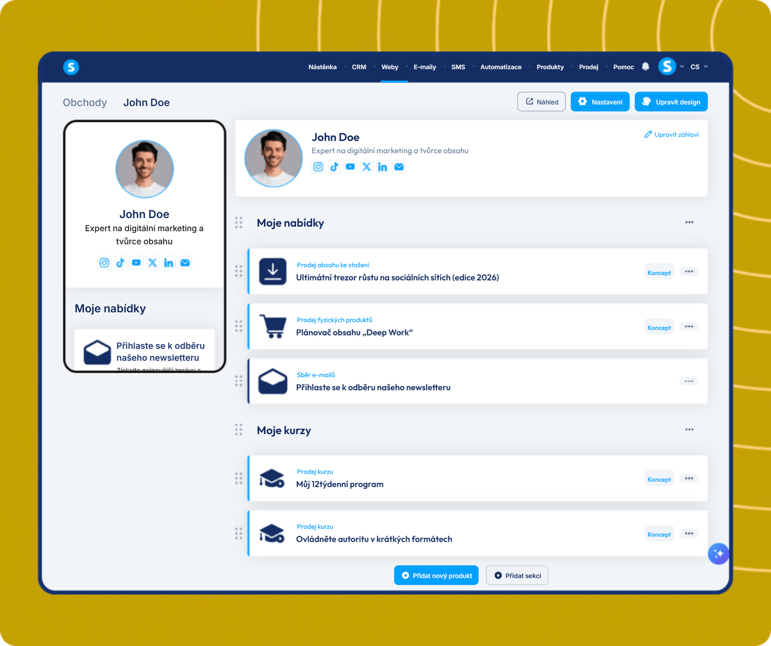 systeme.io creator store page showcasing digital products, newsletter, and online courses