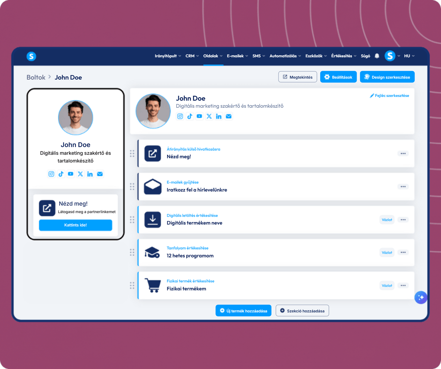 systeme.io creator store showing a single-page product storefront linked from a social media bio