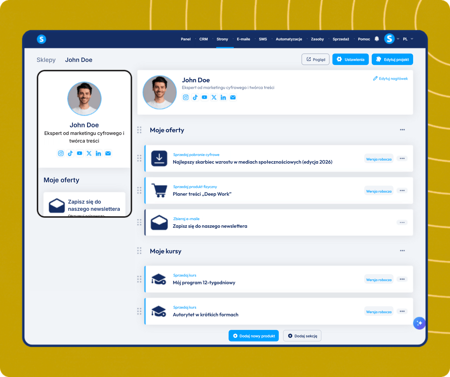 systeme.io creator store page showcasing digital products, newsletter, and online courses