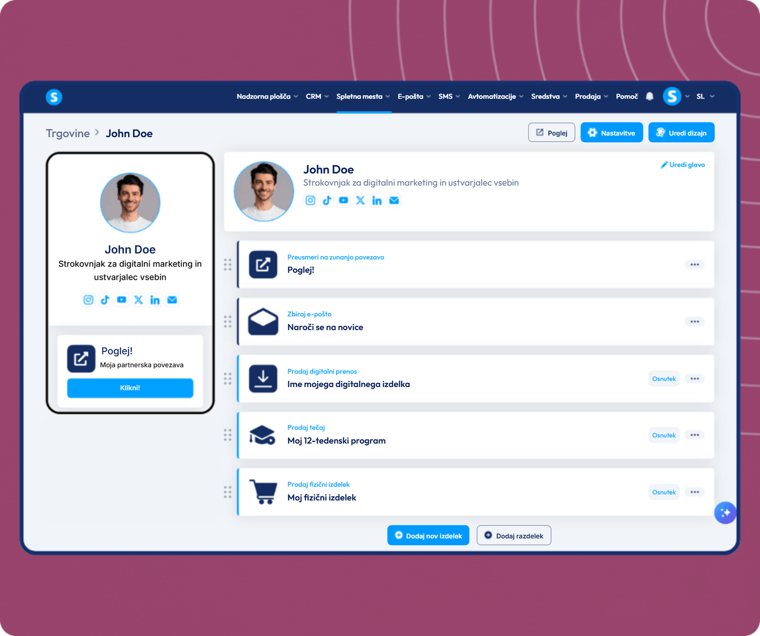 systeme.io creator store showing a single-page product storefront linked from a social media bio
