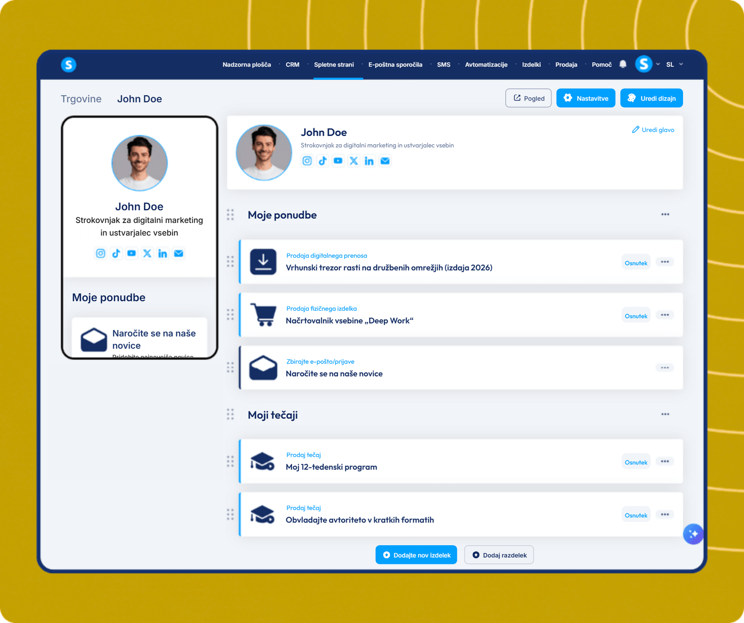 systeme.io creator store page showcasing digital products, newsletter, and online courses