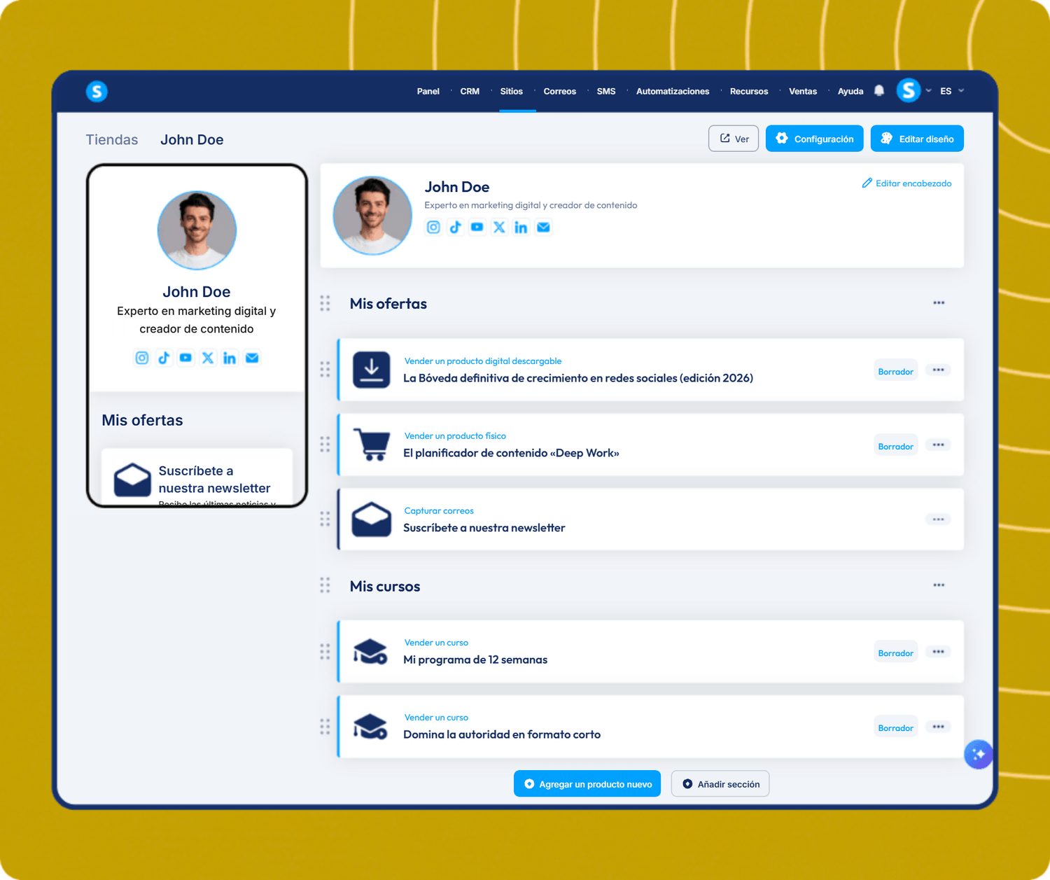 systeme.io creator store page showcasing digital products, newsletter, and online courses