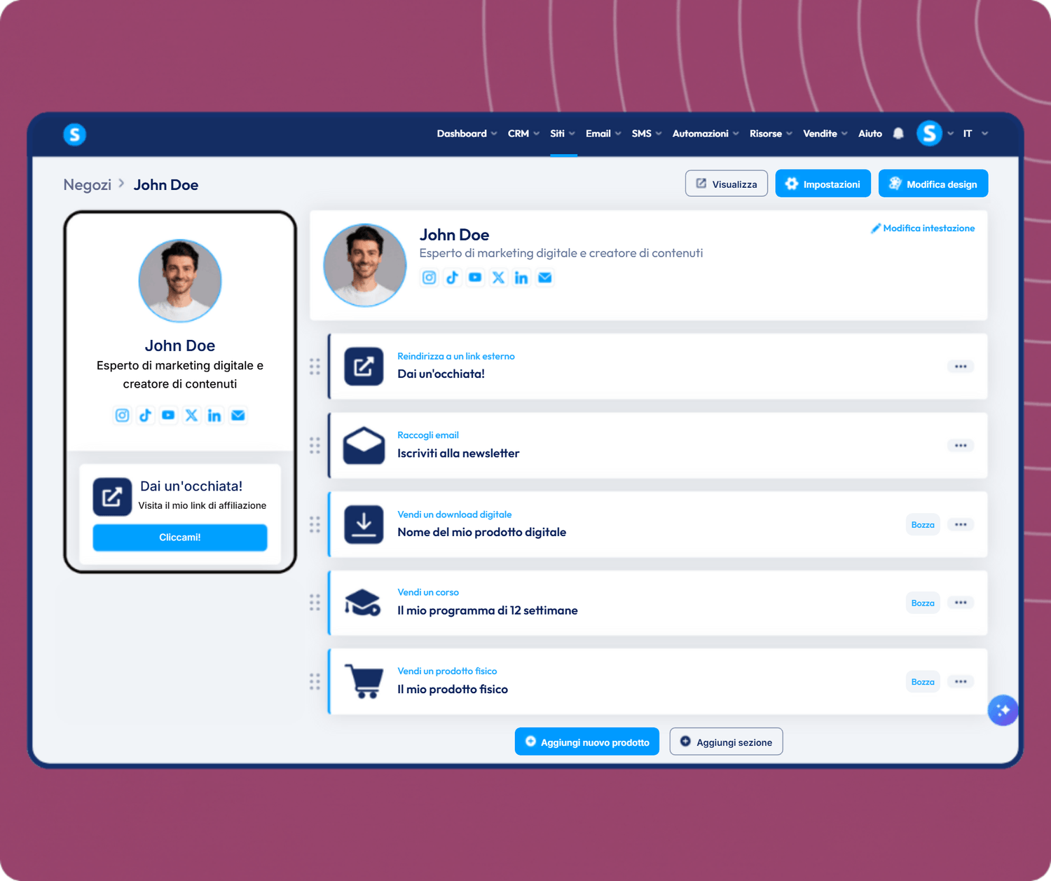 systeme.io creator store page example showing products and bio link layout