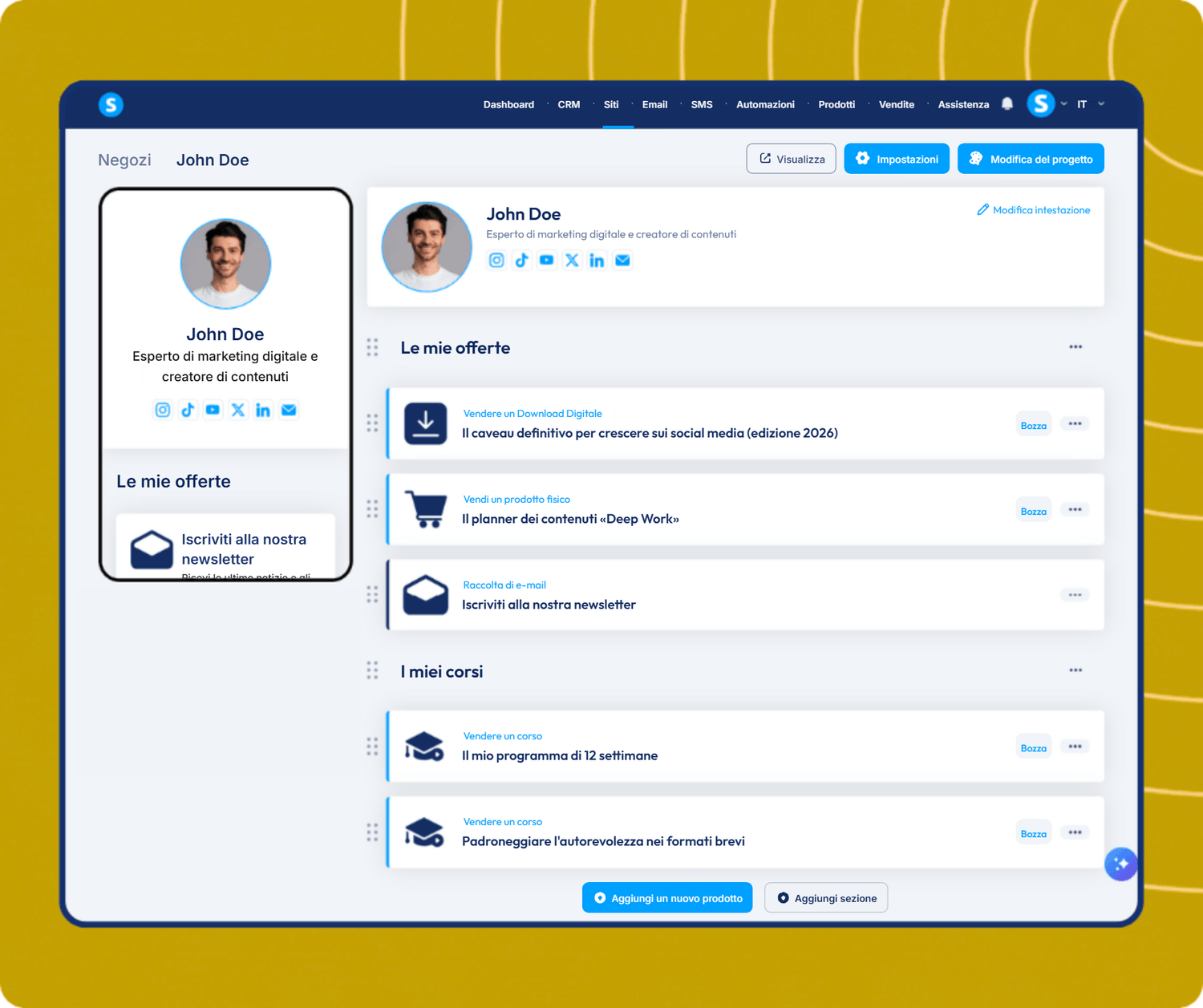 systeme.io creator store page showcasing digital products, newsletter, and online courses