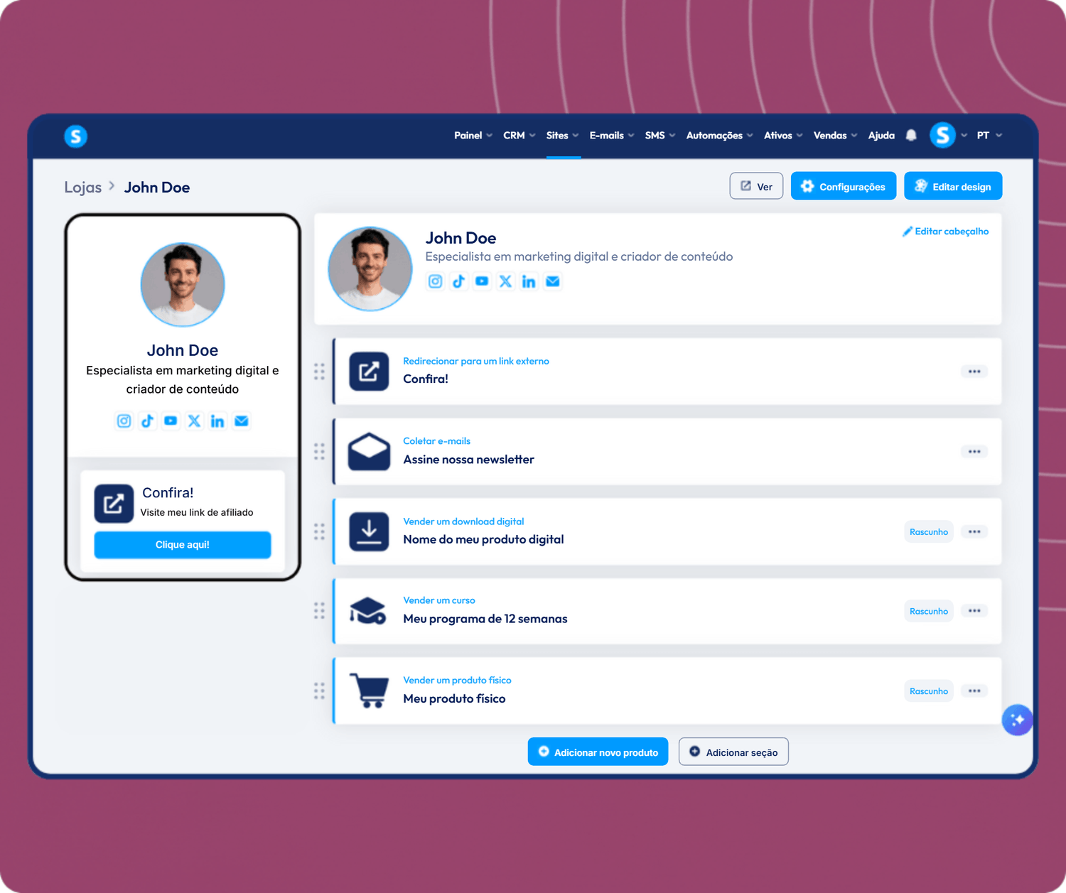 systeme.io creator store page example showing products and bio link layout