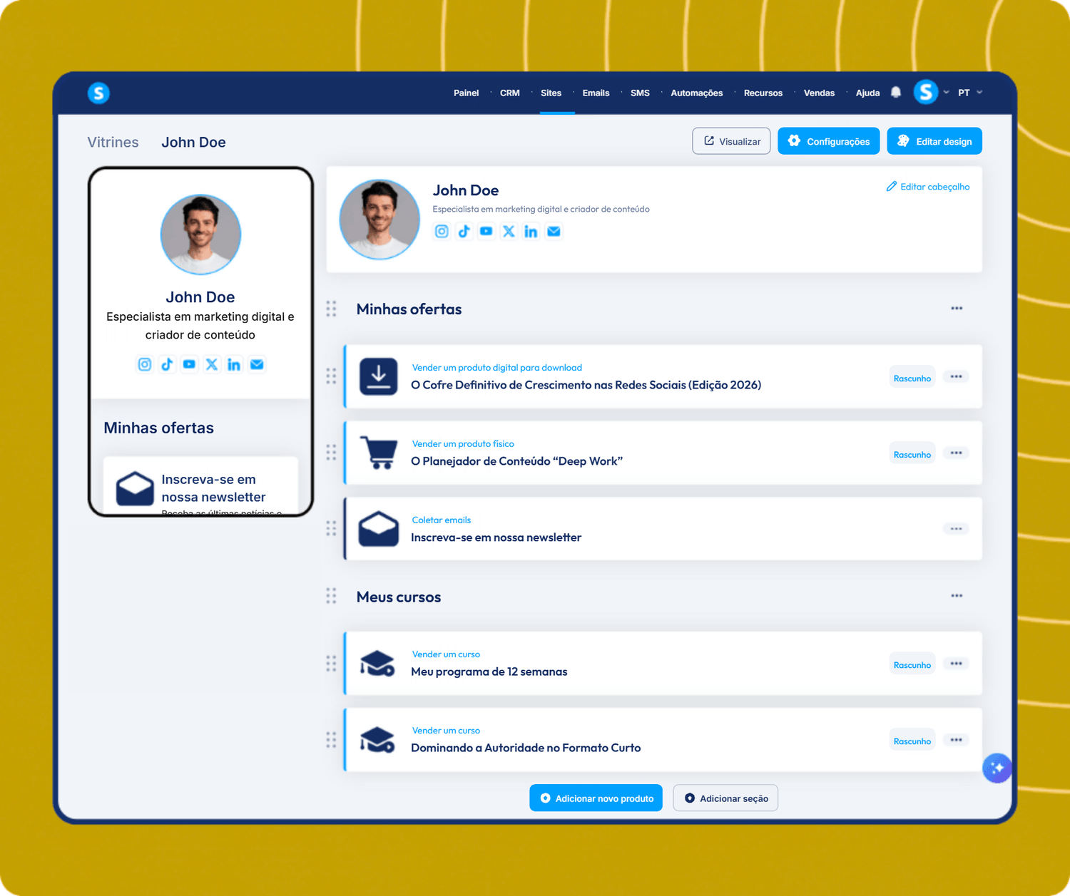 systeme.io creator store page showcasing digital products, newsletter, and online courses