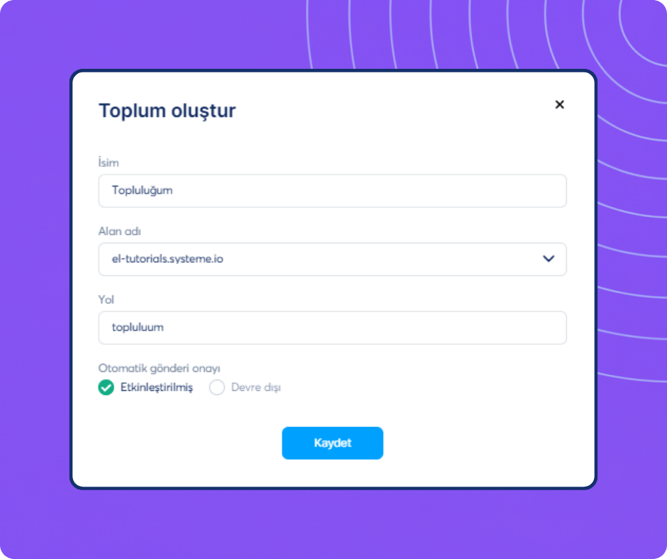 Community creation setup form in systeme.io showing options for name, domain, path, and post approval settings.