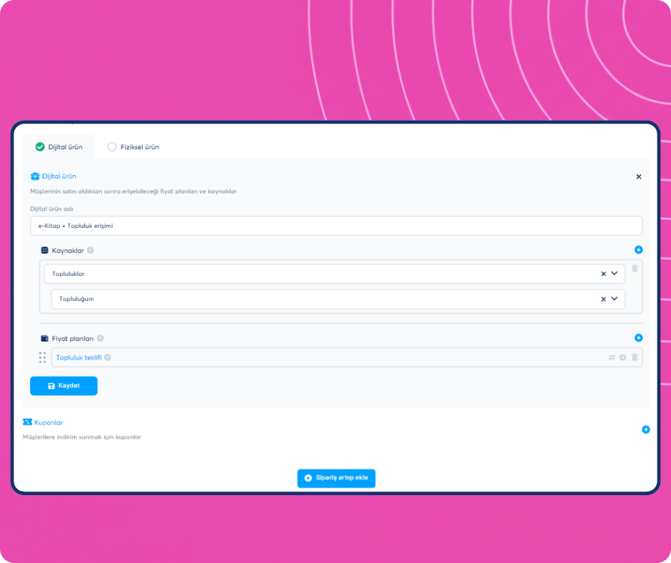 Digital product creation interface in systeme.io showing offer setup with resources, pricing plans, and community access configuration.