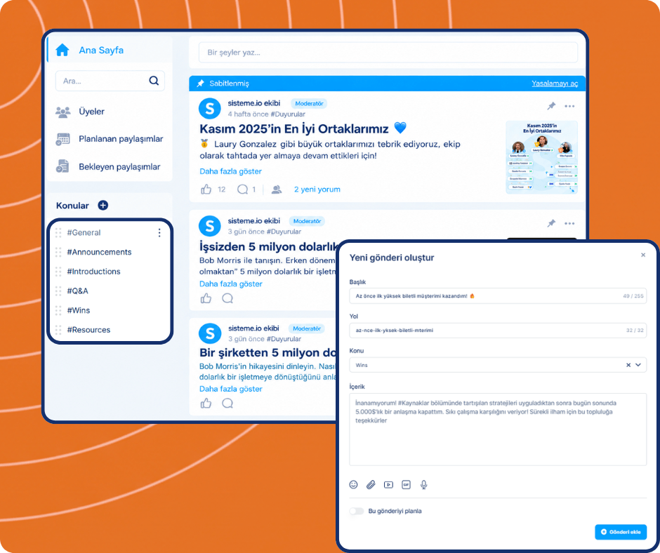 Community post creation interface in systeme.io showing topic selection, content editor, and discussion categories.
