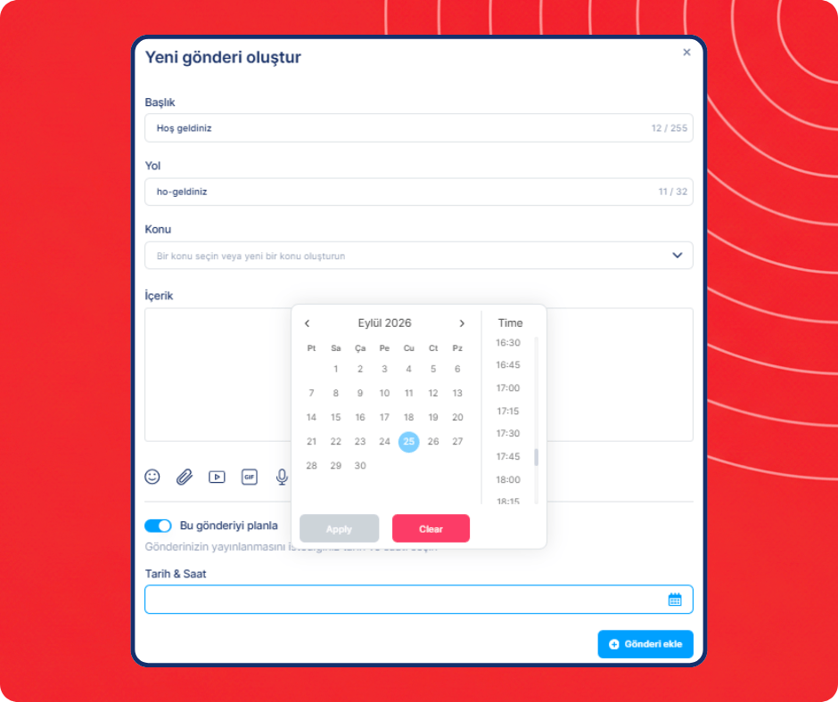 Scheduled community post creation interface in systeme.io showing content editor, topic selection, and date and time scheduling options.