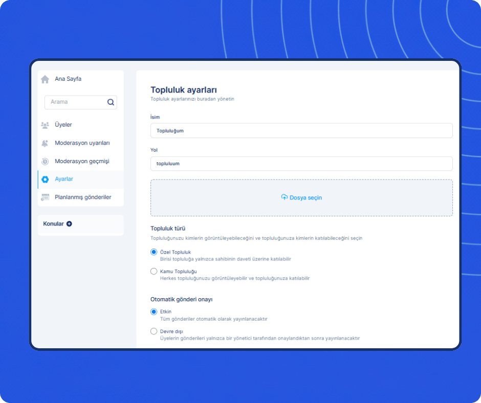 Community settings interface in systeme.io showing configuration for name, access type, post approval, and customization options.