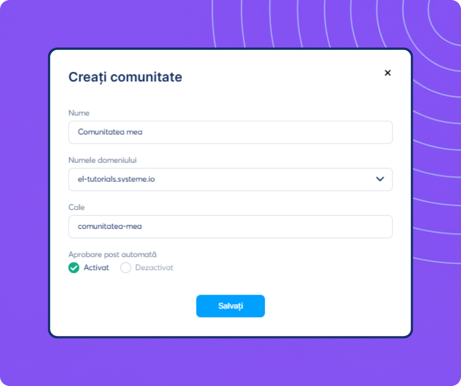 Community creation setup form in systeme.io showing options for name, domain, path, and post approval settings.