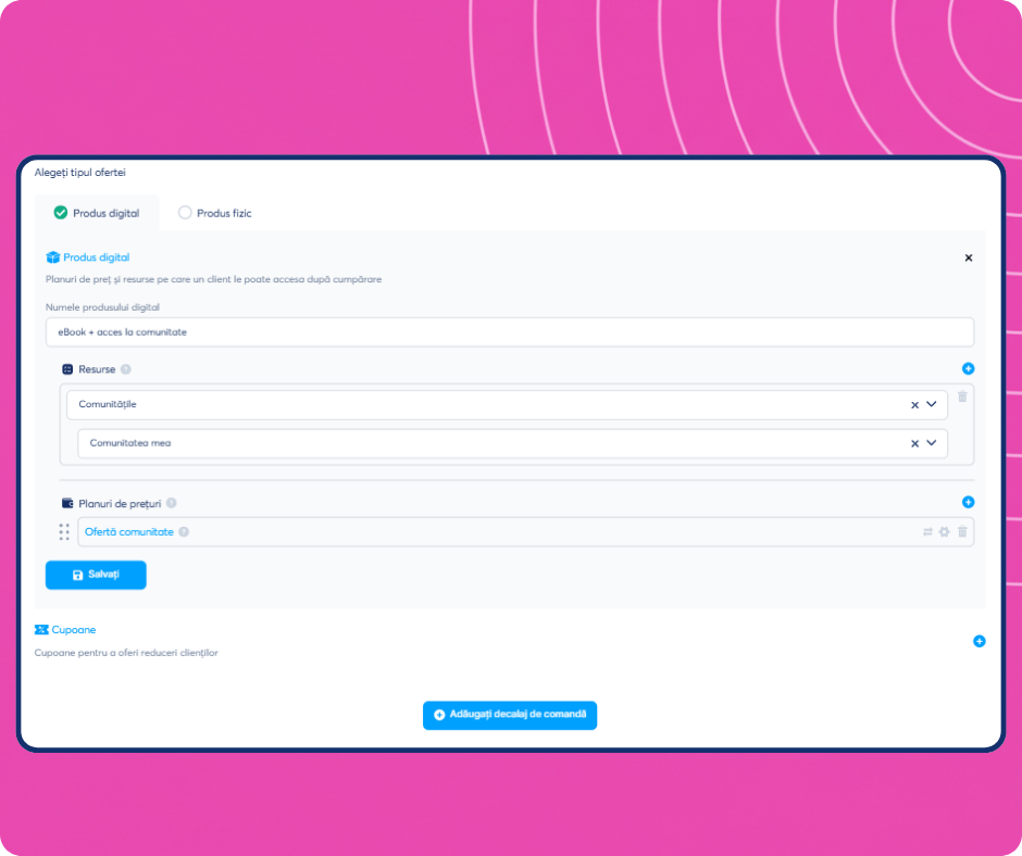 Digital product creation interface in systeme.io showing offer setup with resources, pricing plans, and community access configuration.