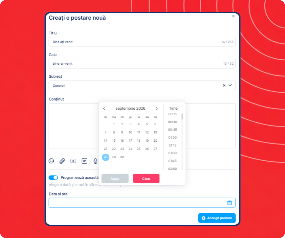 Scheduled community post creation interface in systeme.io showing content editor, topic selection, and date and time scheduling options.