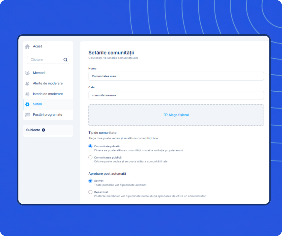 Community settings interface in systeme.io showing configuration for name, access type, post approval, and customization options.
