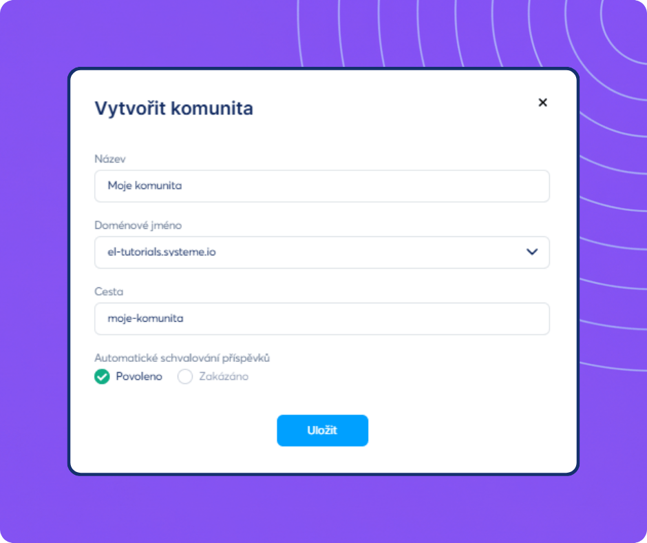 Community creation setup form in systeme.io showing options for name, domain, path, and post approval settings.