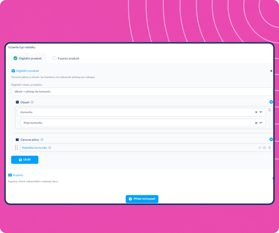 Digital product creation interface in systeme.io showing offer setup with resources, pricing plans, and community access configuration.