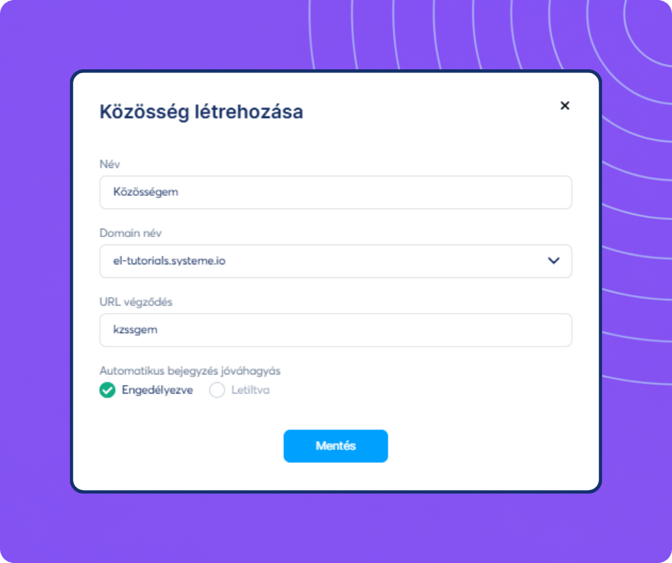 Community creation setup form in systeme.io showing options for name, domain, path, and post approval settings.