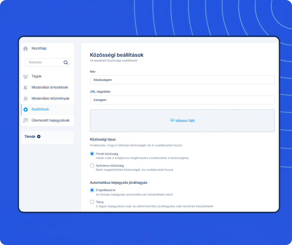 Community settings interface in systeme.io showing configuration for name, access type, post approval, and customization options.