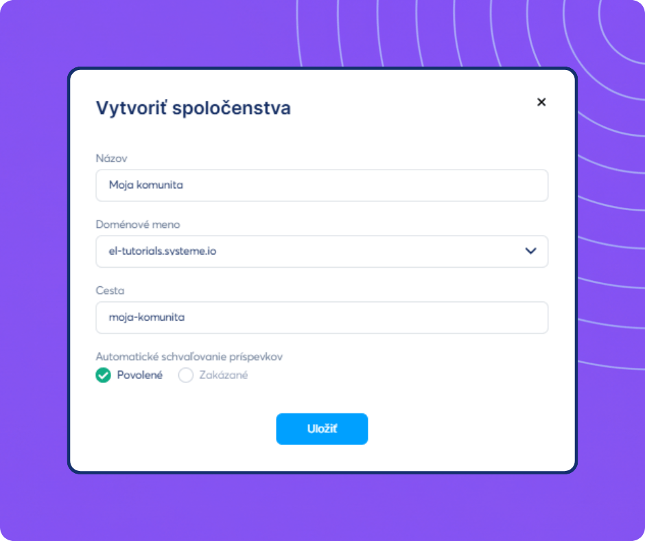 Community creation setup form in systeme.io showing options for name, domain, path, and post approval settings.