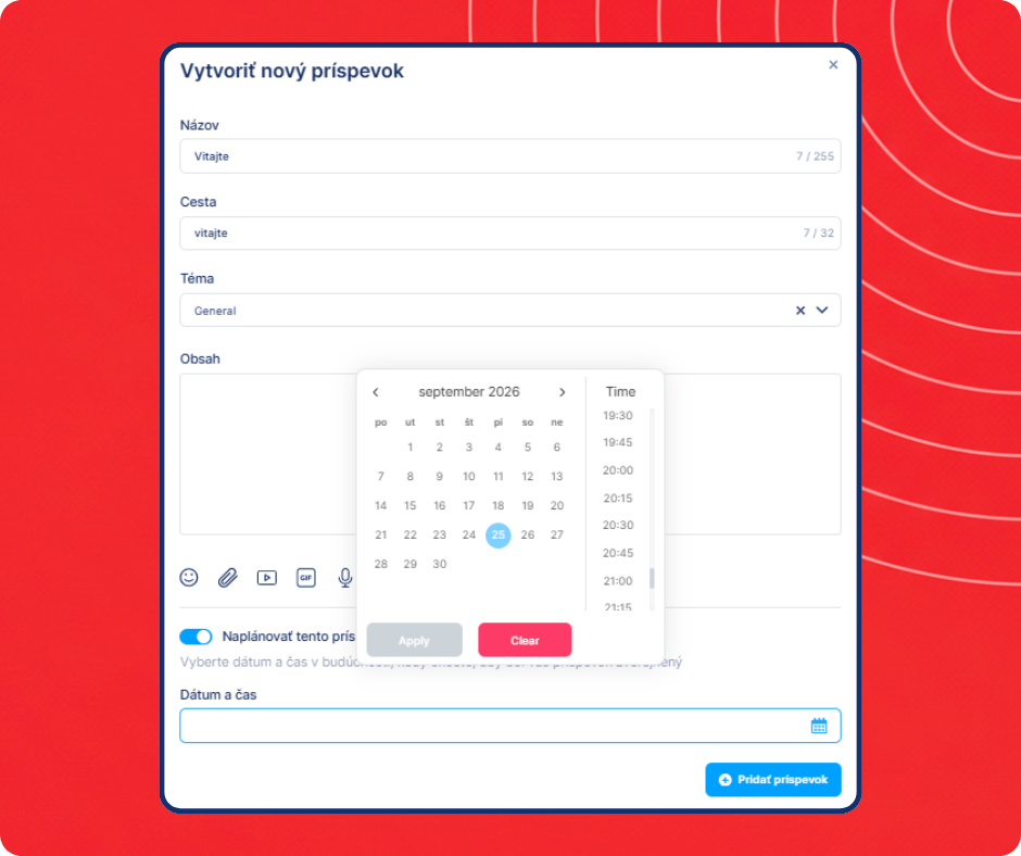 Scheduled community post creation interface in systeme.io showing content editor, topic selection, and date and time scheduling options.