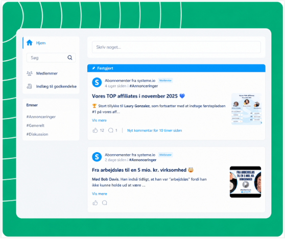 Community feed interface in systeme.io showing posts, announcements, member interactions, and discussion topics.