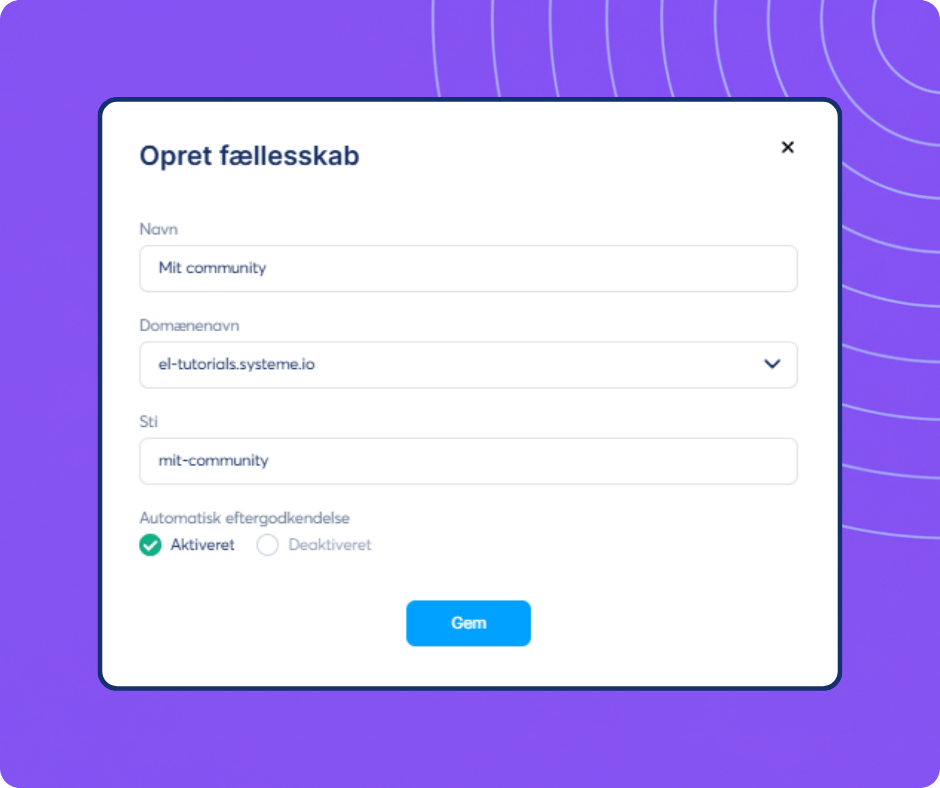 Community creation setup form in systeme.io showing options for name, domain, path, and post approval settings.