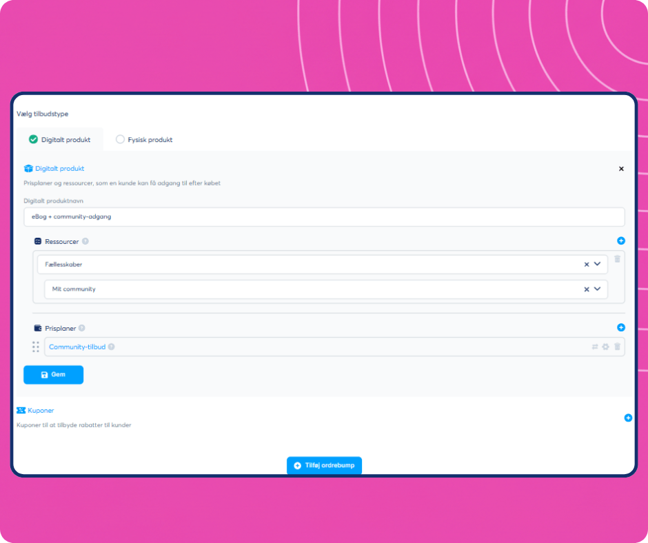 Digital product creation interface in systeme.io showing offer setup with resources, pricing plans, and community access configuration.