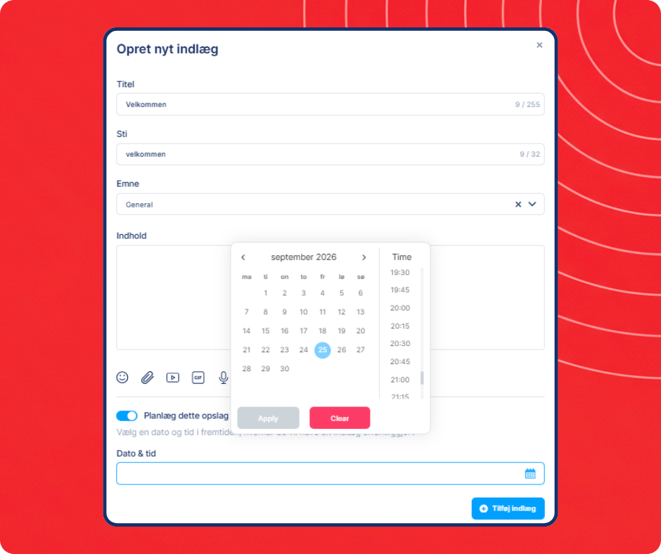 Scheduled community post creation interface in systeme.io showing content editor, topic selection, and date and time scheduling options.