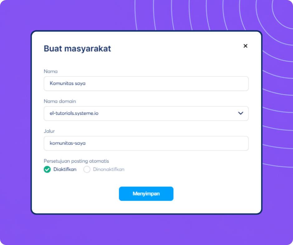 Community creation setup form in systeme.io showing options for name, domain, path, and post approval settings.