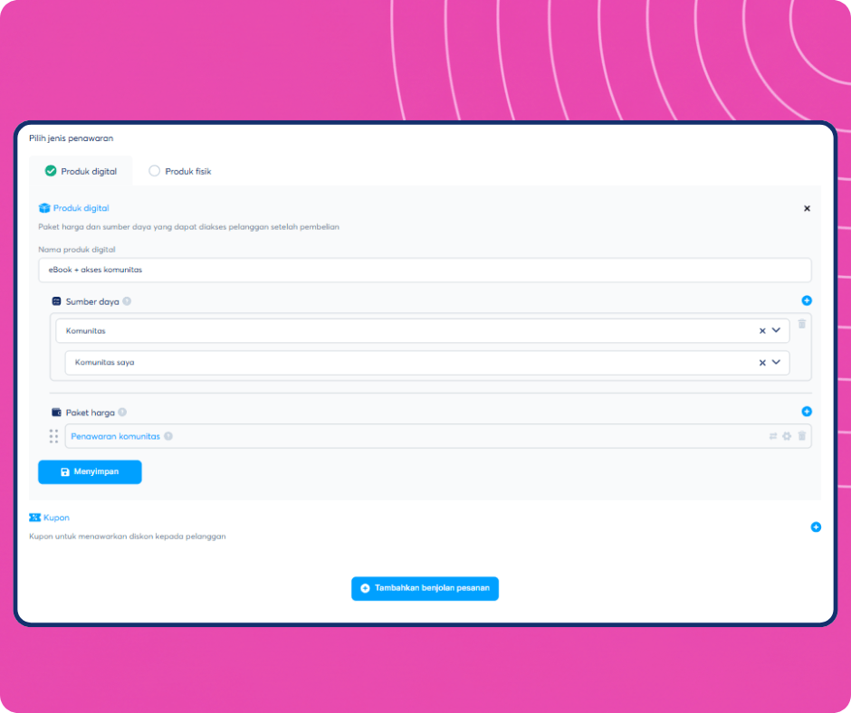 Digital product creation interface in systeme.io showing offer setup with resources, pricing plans, and community access configuration.