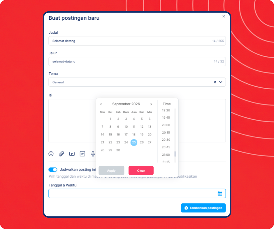 Scheduled community post creation interface in systeme.io showing content editor, topic selection, and date and time scheduling options.