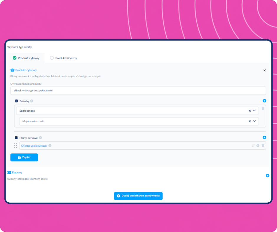 Digital product creation interface in systeme.io showing offer setup with resources, pricing plans, and community access configuration.