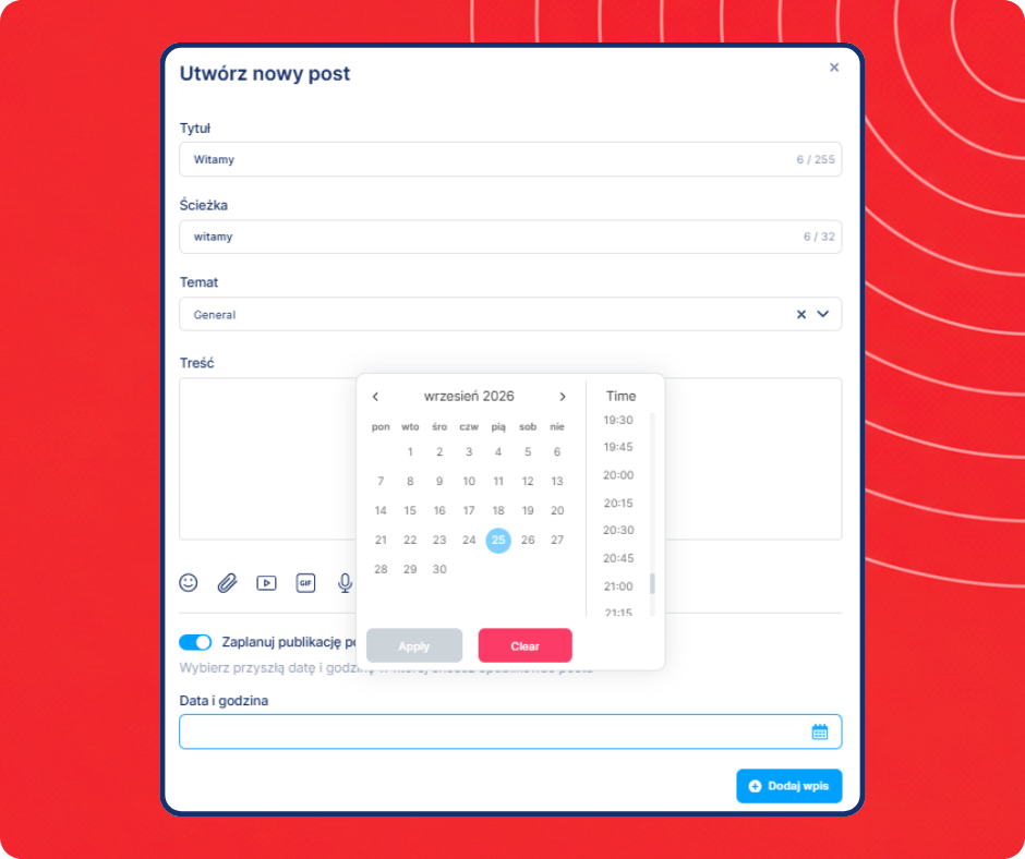 Scheduled community post creation interface in systeme.io showing content editor, topic selection, and date and time scheduling options.