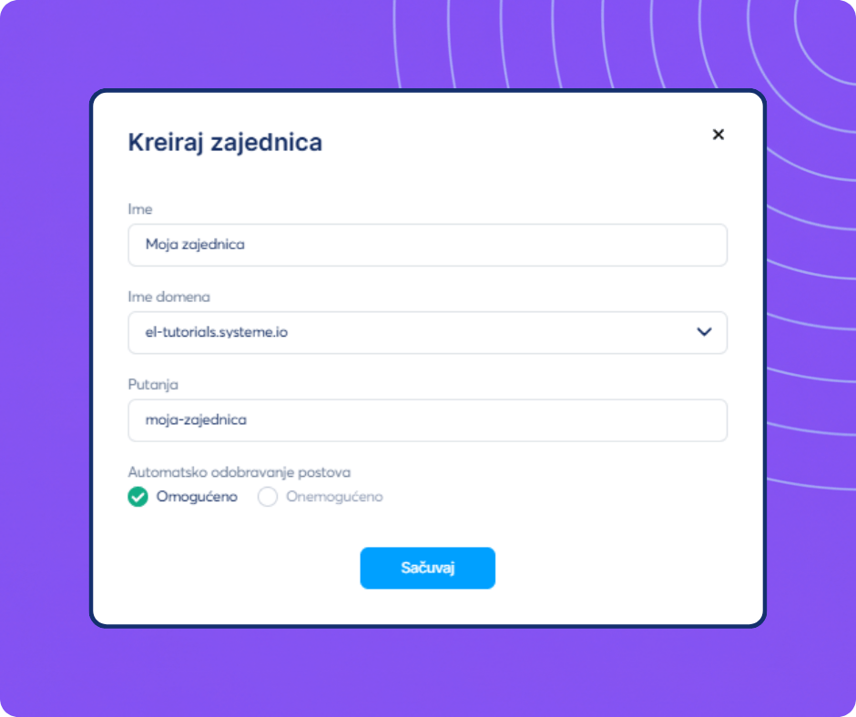 Community creation setup form in systeme.io showing options for name, domain, path, and post approval settings.