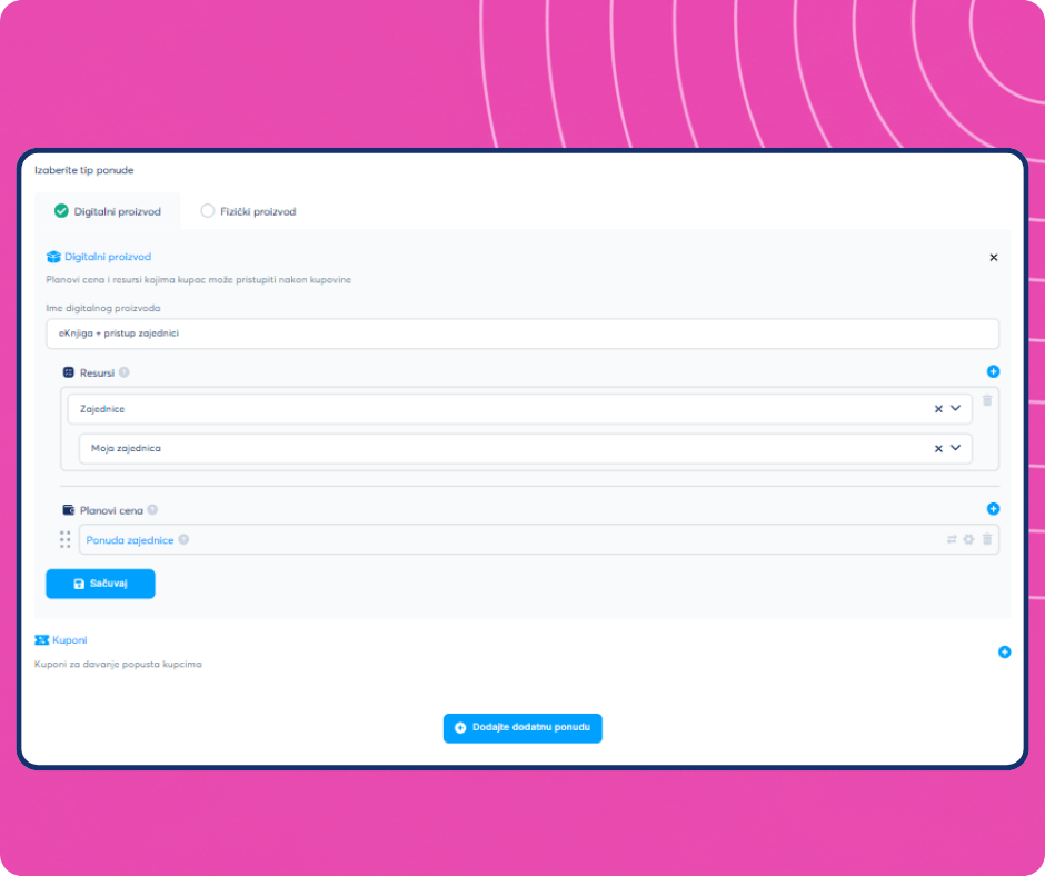 Digital product creation interface in systeme.io showing offer setup with resources, pricing plans, and community access configuration.