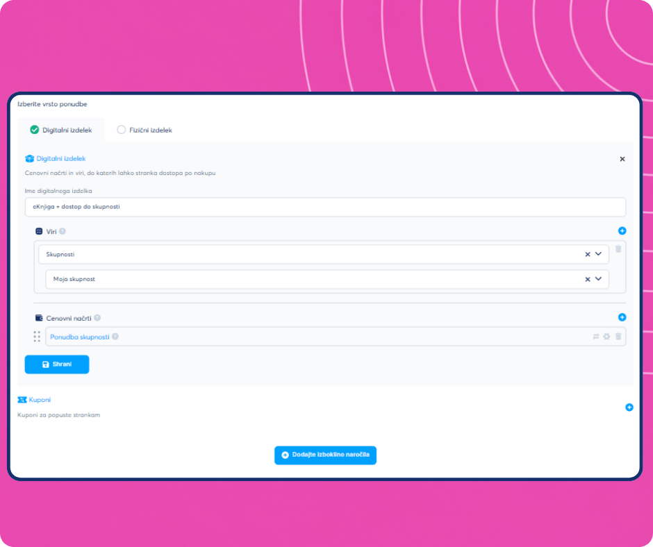 Digital product creation interface in systeme.io showing offer setup with resources, pricing plans, and community access configuration.
