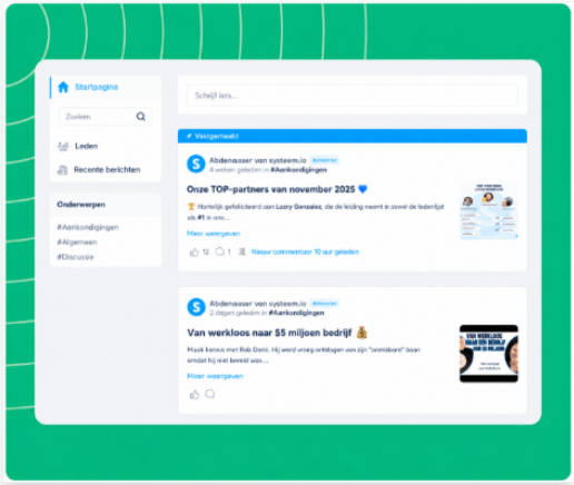 Community feed interface in systeme.io showing posts, announcements, member interactions, and discussion topics.