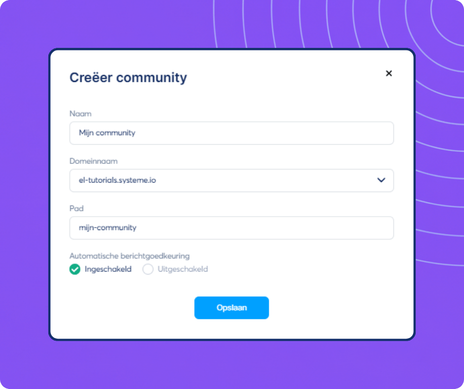 Community creation setup form in systeme.io showing options for name, domain, path, and post approval settings.