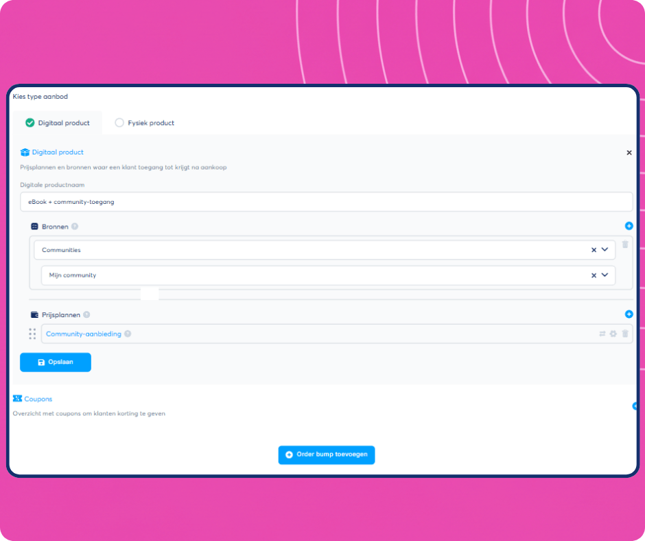 Digital product creation interface in systeme.io showing offer setup with resources, pricing plans, and community access configuration.